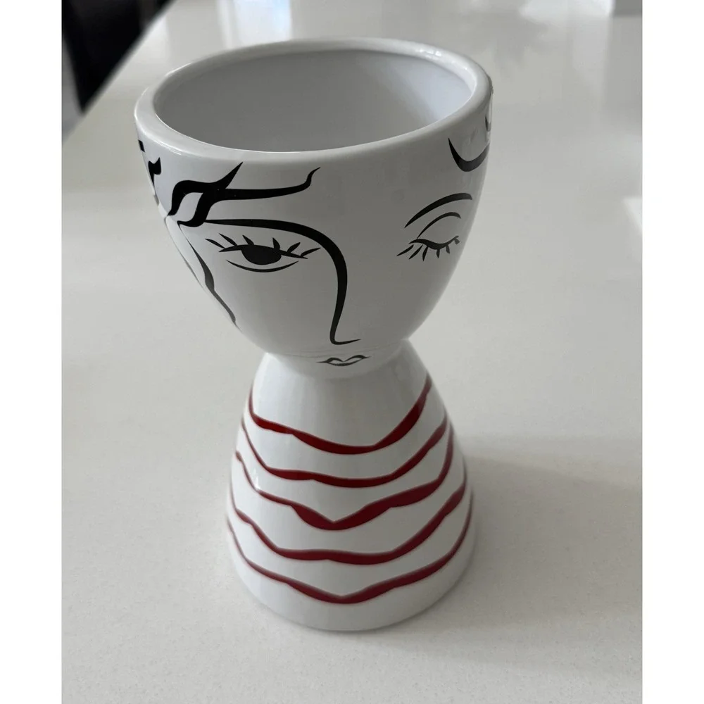 Lady Head Large Vase Planter Ceramic‎ White Black Red 9